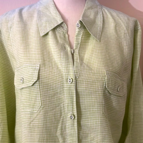 Chico’s Lime Green Gingham Linen Shirt Size 3 - Picture 2 of 5